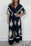 Casual Boho Floral Print V Neck Batwing Sleeve Cinch Waist Loose Vacation Wide Leg Jumpsuits