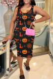 Halloween Skull Pumpkin Print U Neck Sleeveless Bodycon Cosplay Party Midi Tank Dress