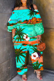 Casual Floral Print Off Shoulder Long Sleeve Regular Vacation Harem Leg Jumpsuits
