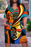 Casual Figure Print Basic V Neck Short Sleeve Loose Pockets Midi T-Shirt Dress