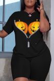 Halloween Skull Pumpkin Print O Neck Short Sleeve Oversize T-Shirt And Shorts Two Pieces Shorts Sets