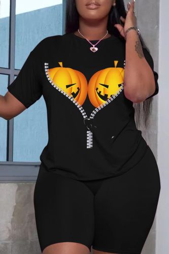 Halloween Skull Pumpkin Print O Neck Short Sleeve Oversize T-Shirt And Shorts Two Pieces Shorts Sets