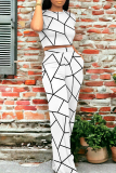 Geometry Print O Neck Short Sleeve Pocket Crop Tops And Wide Leg Pants Vacation Two Pieces Trouser Sets