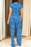 Geometry Print O Neck Short Sleeve Pocket Crop Tops And Wide Leg Pants Vacation Two Pieces Trouser Sets