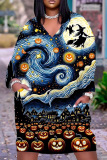 Halloween Costume Pumpkin Cat Print V Neck Long Sleeve Loose Pockets Midi T Shirt Dress