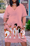 Casual Graphics Print Basic V Neck Short Sleeve Loose Pockets Midi T-Shirt Dress