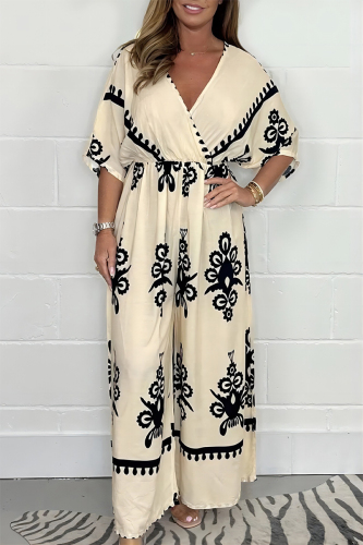 Casual Boho Floral Print V Neck Batwing Sleeve Cinch Waist Loose Vacation Wide Leg Jumpsuits