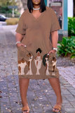 Casual Graphics Print Basic V Neck Short Sleeve Loose Pockets Midi T-Shirt Dress