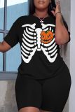 Halloween Skull Pumpkin Print O Neck Short Sleeve Oversize T Shirt And Shorts Two Pieces Shorts Sets
