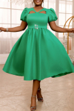 Formal V Neck Hubble-Bubble Sleeve Cinch Waist Hollow Out Cinch Waist Party Evening A Line Midi Dress