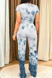 Geometry Print O Neck Short Sleeve Pocket Crop Tops And Wide Leg Pants Vacation Two Pieces Trouser Sets