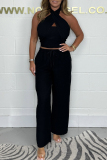 Sleeveless Pocket Lace Up Halter Crossover Crop Tops And Wide Leg Pants Vacation Formal Office Lady Two Pieces Trouser Sets