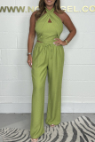 Sleeveless Pocket Lace Up Halter Crossover Crop Tops And Wide Leg Pants Vacation Formal Office Lady Two Pieces Trouser Sets