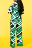 Casual Geometry Print Turndown Collar Long Sleeve Belted Front Tie Blouse And Wide Leg Pants Vacation Two Pieces Trouser Sets