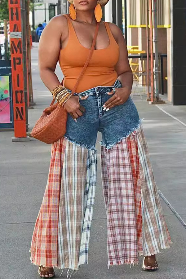 Street Plaid Print Pocket Buttons Patchwork Zipper Mid Waist Loose Wide Leg Denim Jeans