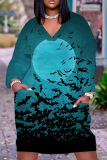 Halloween Costume Pumpkin Cat Print V Neck Long Sleeve Loose Pockets Midi T Shirt Dress
