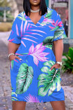 Casual Tropical Print Basic V Neck Short Sleeve Loose Pockets Midi T-Shirt Dress