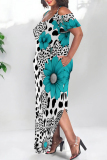 Floral Print Polka Dot U Neck Short Sleeve Cold Shoulder Pocket Side Slit Irregular Hem Vacation Plus Size Maxi Dresses