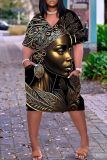 Casual Figure Print Basic V Neck Short Sleeve Loose Pockets Midi T-Shirt Dress