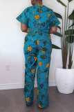 Casual Floral Print O Neck Short Sleeve Crop Tops And Wide Leg Pants Vacation Two Pieces Trouser Sets