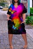 Casual Butterfly Print Basic V Neck Short Sleeve Loose Pockets Midi T-Shirt Dress