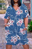 Casual Graphics Print Basic V Neck Short Sleeve Loose Pockets Midi T-Shirt Dress