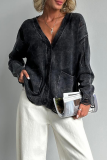 Casual V Neck Long Sleeve Ripped Distressed Pocket Buttons Knitted Cardigan Sweater Coats