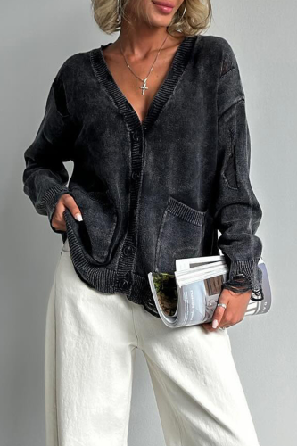 Casual V Neck Long Sleeve Ripped Distressed Pocket Buttons Knitted Cardigan Sweater Coats