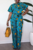 Casual Floral Print O Neck Short Sleeve Crop Tops And Wide Leg Pants Vacation Two Pieces Trouser Sets