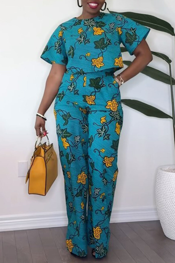 Casual Floral Print O Neck Short Sleeve Crop Tops And Wide Leg Pants Vacation Two Pieces Trouser Sets