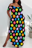 Floral Print Polka Dot U Neck Short Sleeve Cold Shoulder Pocket Side Slit Irregular Hem Vacation Plus Size Maxi Dresses