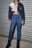 Street Colorblock Letters Print Long Sleeve Cropped Varsity Bomber Jackets