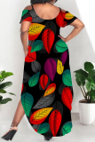 Floral Print Polka Dot U Neck Short Sleeve Cold Shoulder Pocket Side Slit Irregular Hem Vacation Plus Size Maxi Dresses