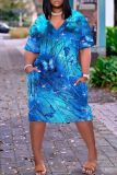 Casual Butterfly Print Basic V Neck Short Sleeve Loose Pockets Midi T-Shirt Dress