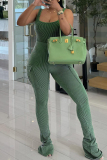Casual  U Neck Sleeveless Pocket One Piece Bodysuit And Stacked Pants Two Pieces Trouser Set