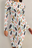 Casual Graphics Print O Neck Long Sleeve Wrapped Skirt Bodycon Mini Dresses