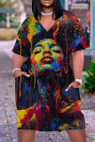 Casual Figure Print Basic V Neck Short Sleeve Loose Pockets Midi T-Shirt Dress