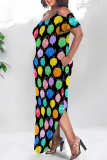 Floral Print Polka Dot U Neck Short Sleeve Cold Shoulder Pocket Side Slit Irregular Hem Vacation Plus Size Maxi Dresses