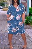 Casual Graphics Print Basic V Neck Short Sleeve Loose Pockets Midi T-Shirt Dress