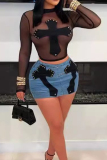 Geometric Cross Print Rivets O Neck Long Sleeve See-Through Patch Mesh Crop Tops And Denim Mini Skirt Two Pieces Dress Sets