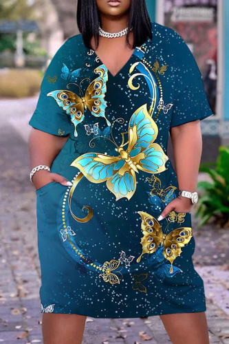 Casual Butterfly Print Basic V Neck Short Sleeve Loose Pockets Midi T-Shirt Dress