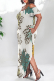 Floral Print Polka Dot U Neck Short Sleeve Cold Shoulder Pocket Side Slit Irregular Hem Vacation Plus Size Maxi Dresses