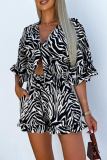 Casual Graphics Print V Neck Flare Sleeve Ruffle Trim Lace Up Front Tie Vacation Loose Romper
