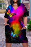 Casual Butterfly Print Basic V Neck Short Sleeve Loose Pockets Midi T-Shirt Dress
