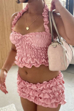 Sleeveless Backless Ruffle Trim Ruched Halter Crop Tops And Mini Skirt Formal Party Evening Two Pieces Dress Sets