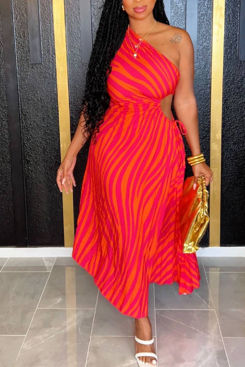One Shoulder Sleeveless Cut Out Waist Printed Maxi Dress