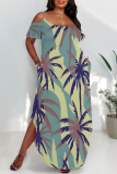 Floral Print Polka Dot U Neck Short Sleeve Cold Shoulder Pocket Side Slit Irregular Hem Vacation Plus Size Maxi Dresses