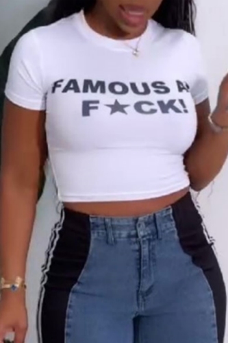 Casual Letter Print O Neck Short Sleeve Slim Fitted Crop T-Shirts
