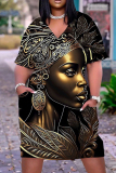 Casual Figure Print Basic V Neck Short Sleeve Loose Pockets Midi T-Shirt Dress