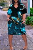 Casual Butterfly Print Basic V Neck Short Sleeve Loose Pockets Midi T-Shirt Dress